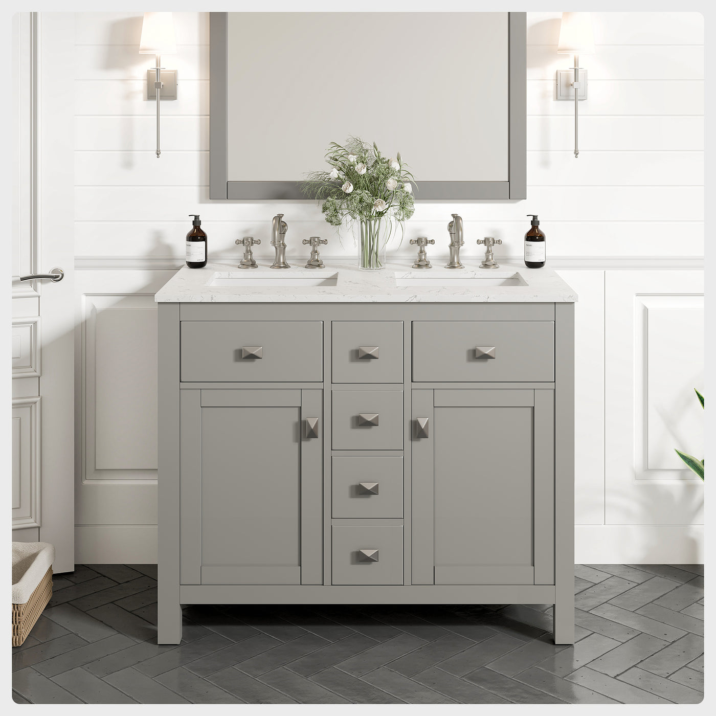 Artemis 44"W x 22"D Gray Double Sink Bathroom Vanity with White Carrara Quartz Countertop and Undermount Porcelain Sinks