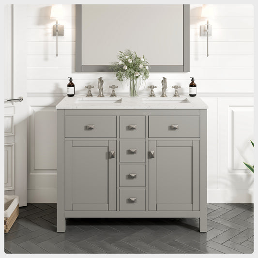 Totti Artemis 44" Gray Transitional Double Sink Bathroom Vanity w/ White Carrara Style Man-Made Stone Top
