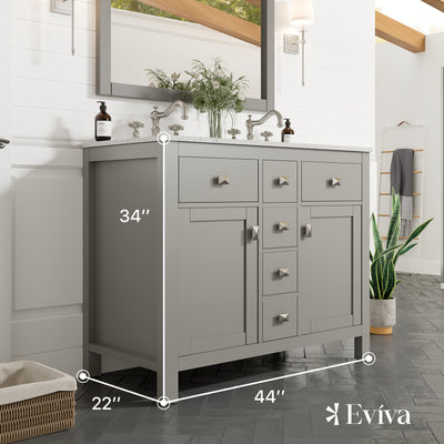 Artemis 44"W x 22"D Gray Double Sink Bathroom Vanity with White Carrara Quartz Countertop and Undermount Porcelain Sinks