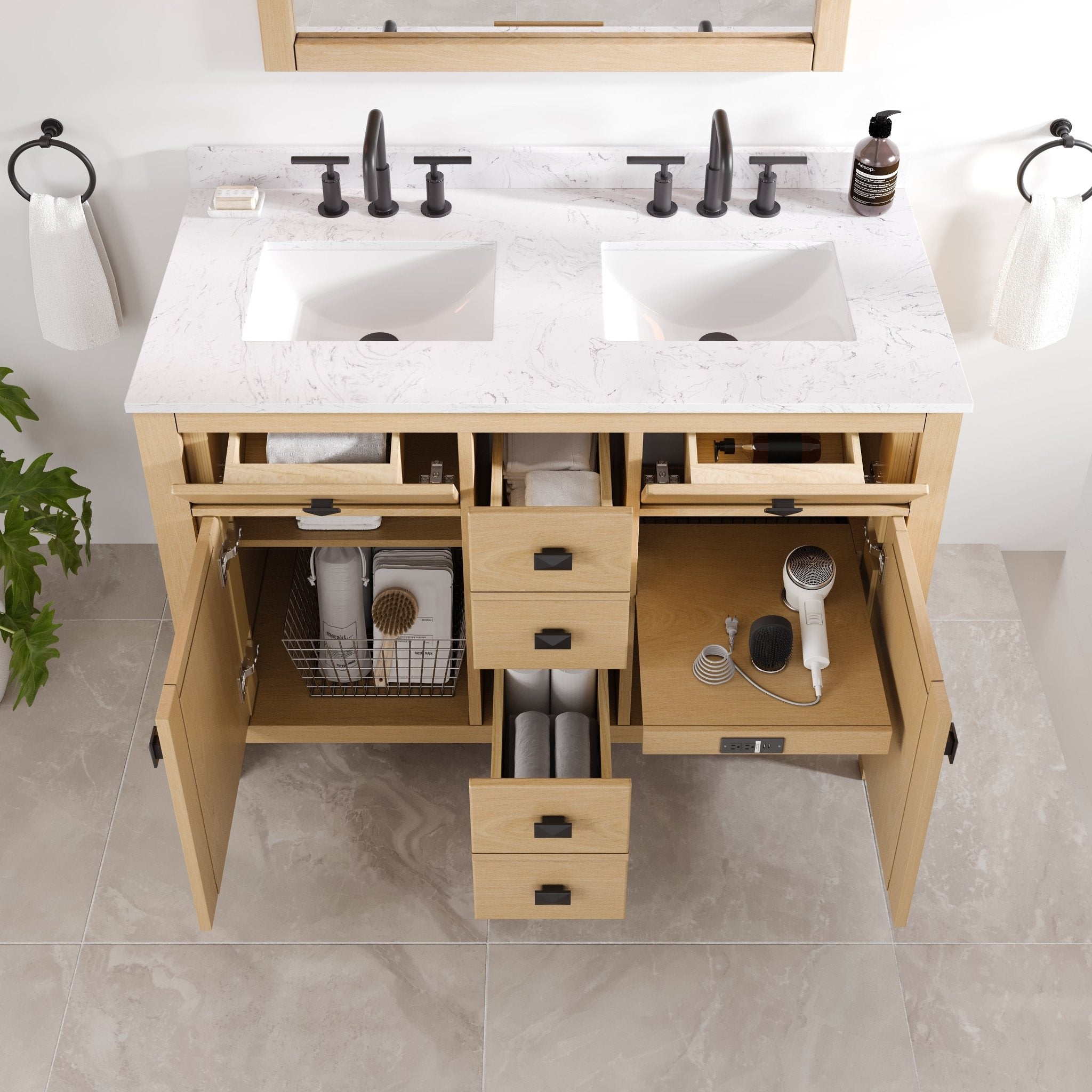 Artemis 44 in. Oak Double Sink Bath Vanity with Arabescato Engineered Stone Top and Undermount Porcelain Sinks - Bathroom Vanity by Eviva