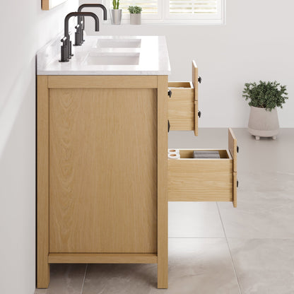 Artemis 44 in. Oak Double Sink Bath Vanity with Arabescato Engineered Stone Top and Undermount Porcelain Sinks - Bathroom Vanity by Eviva