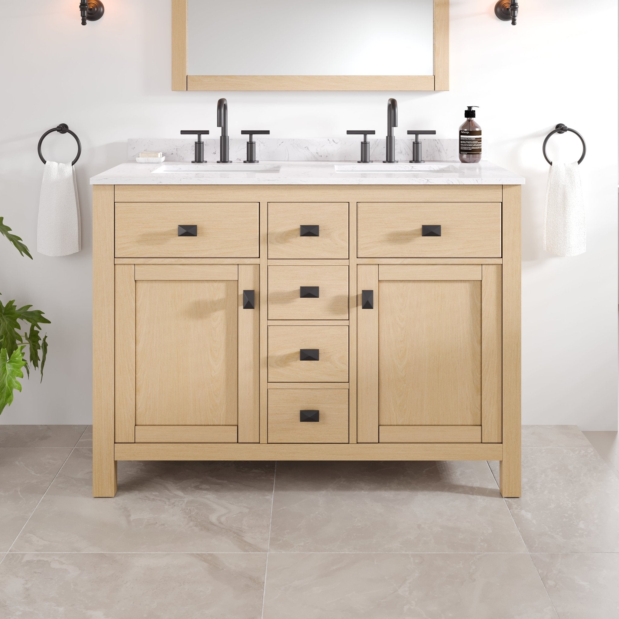 Artemis 44 in. Oak Double Sink Bath Vanity with Arabescato Engineered Stone Top and Undermount Porcelain Sinks - Bathroom Vanity by Eviva