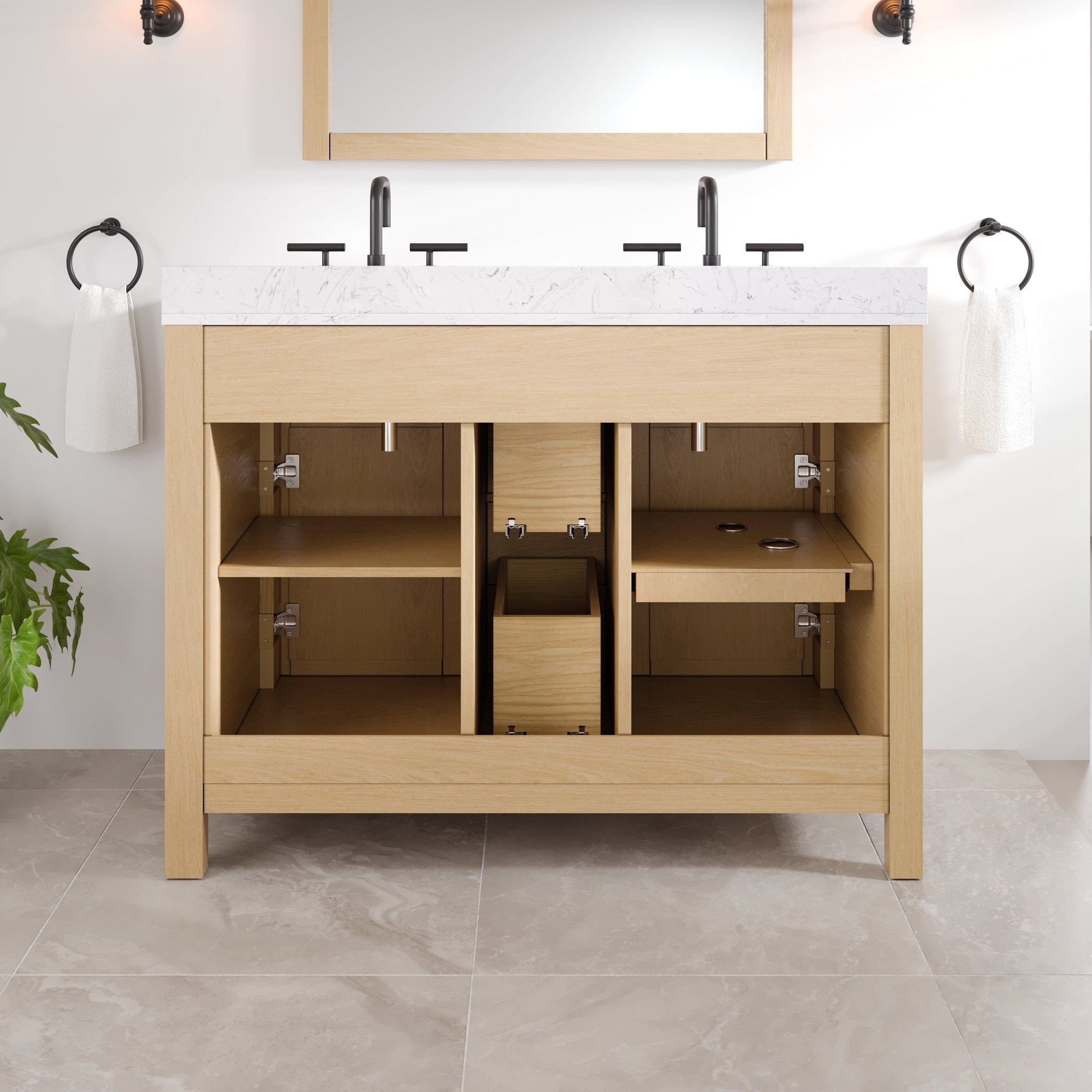 Artemis 44 in. Oak Double Sink Bath Vanity with Arabescato Engineered Stone Top and Undermount Porcelain Sinks - Bathroom Vanity by Eviva