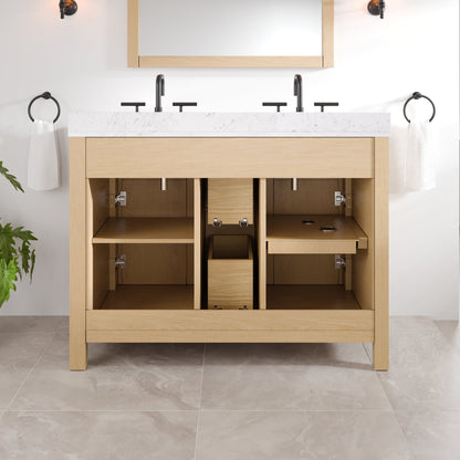 Artemis 44 in. Oak Double Sink Bath Vanity with Arabescato Engineered Stone Top and Undermount Porcelain Sinks - Bathroom Vanity by Eviva