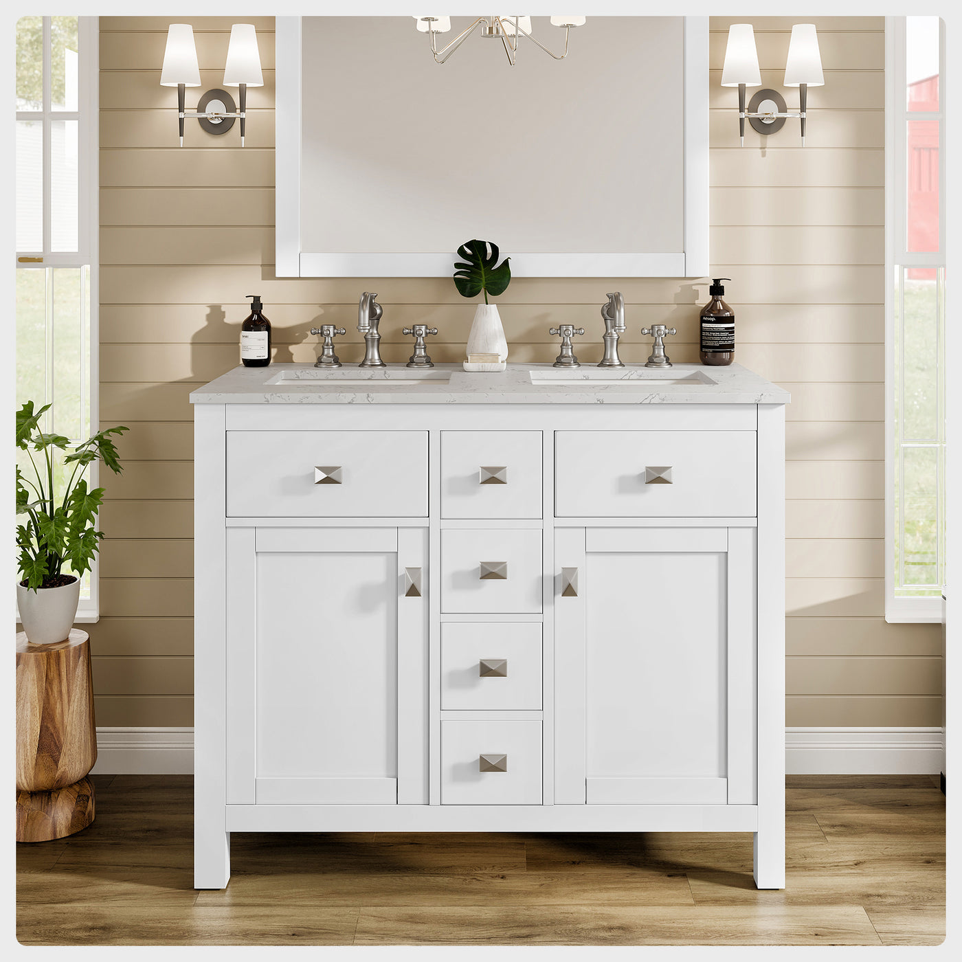 Artemis 44"W x 22"D White Double Sink Bathroom Vanity with White Carrara Quartz Countertop and Undermount Porcelain Sinks