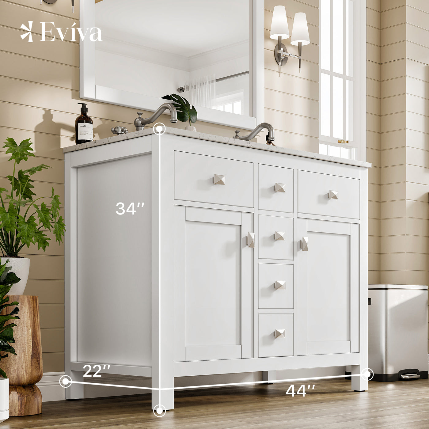 Artemis 44"W x 22"D White Double Sink Bathroom Vanity with White Carrara Quartz Countertop and Undermount Porcelain Sinks