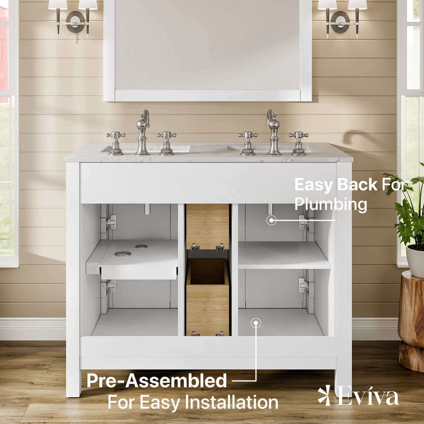 Artemis 44"W x 22"D White Double Sink Bathroom Vanity with White Carrara Quartz Countertop and Undermount Porcelain Sinks