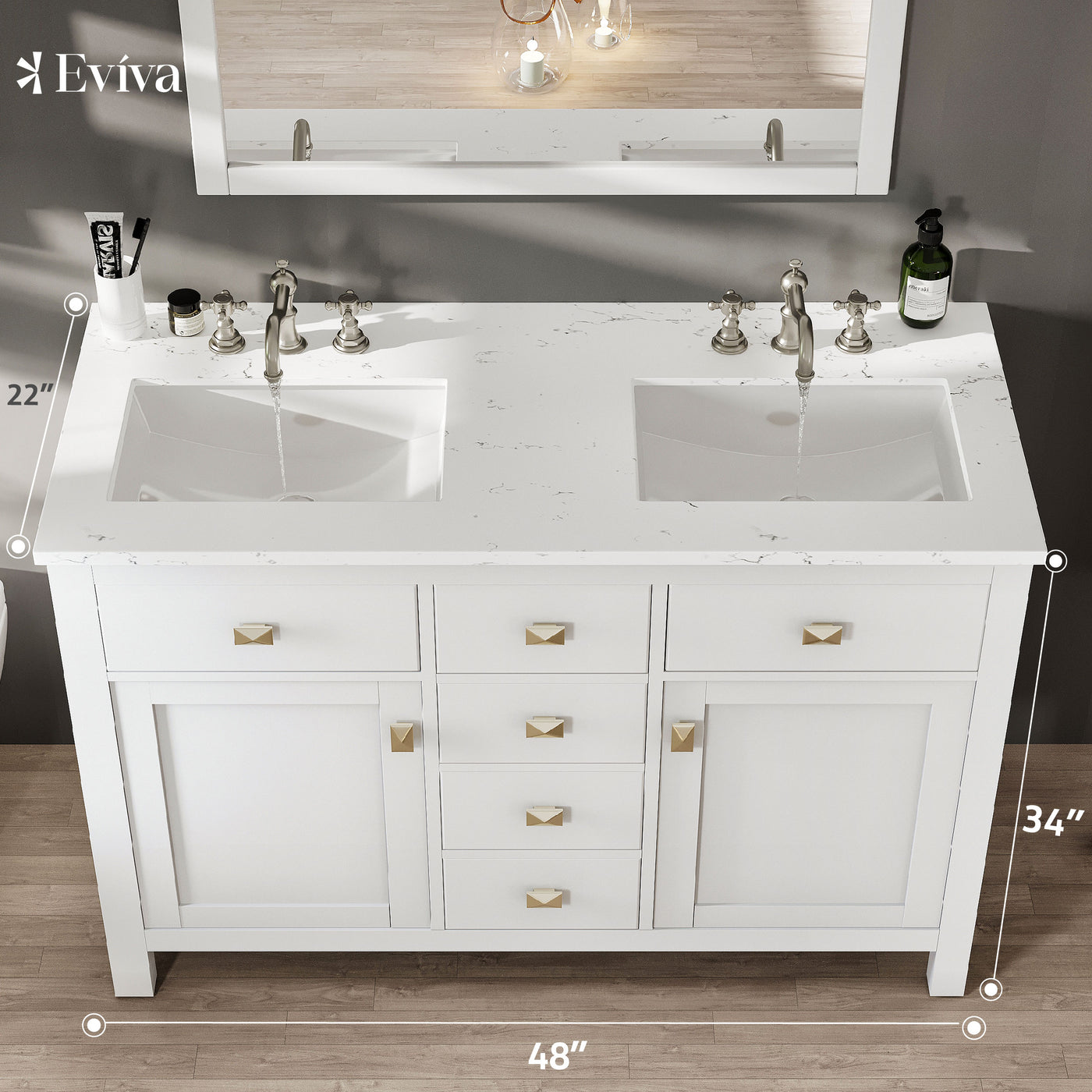 Artemis 48"W x 22"D White Double Sink Bathroom Vanity with White Carrara Quartz Countertop and Undermount Porcelain Sinks