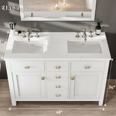 Artemis 48"W x 22"D White Double Sink Bathroom Vanity with White Carrara Quartz Countertop and Undermount Porcelain Sinks