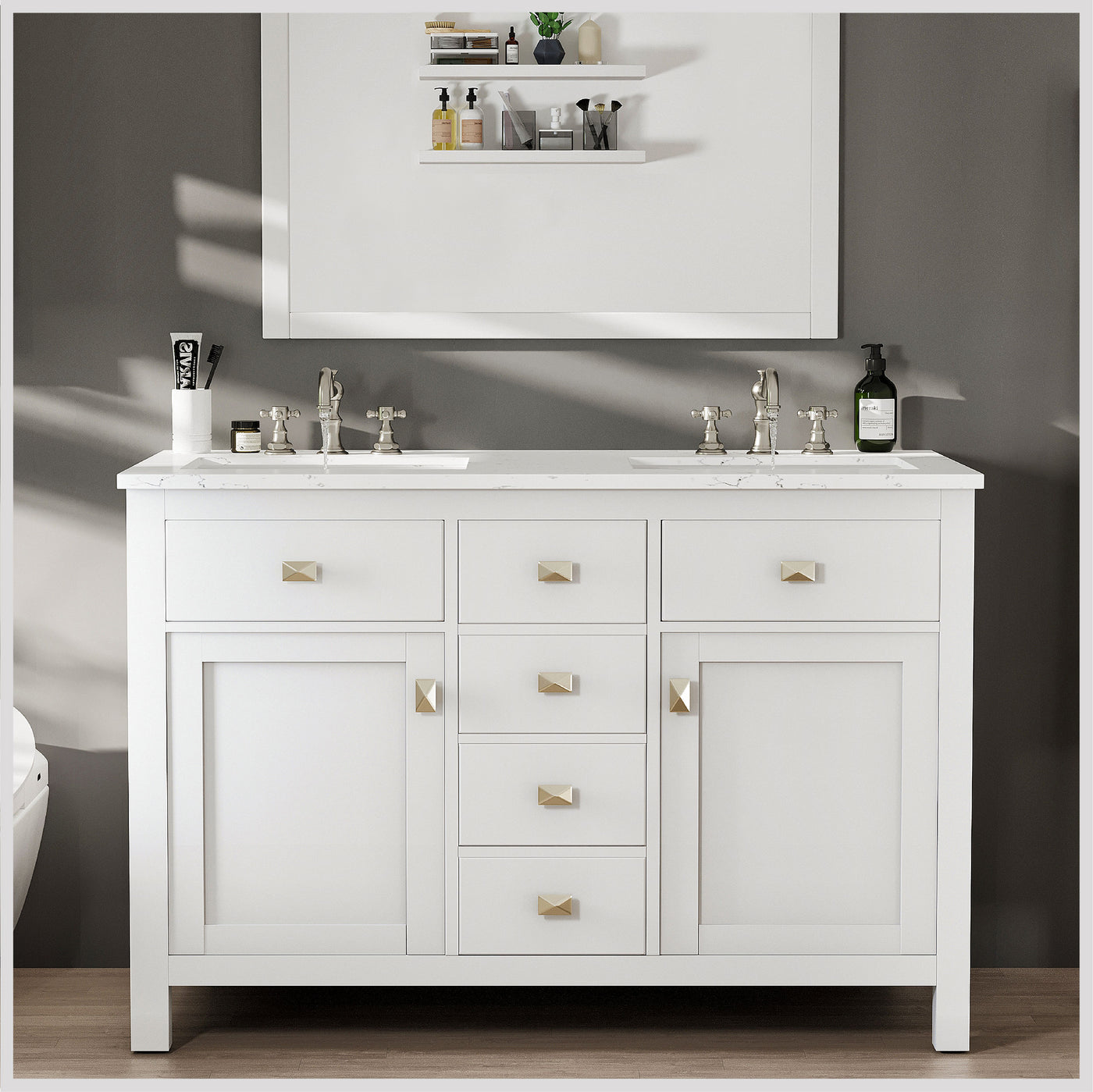 Artemis 48"W x 22"D White Double Sink Bathroom Vanity with White Carrara Quartz Countertop and Undermount Porcelain Sinks