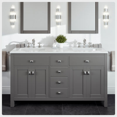 Artemis 60"W x 22"D Gray Double Sink Bathroom Vanity with White Carrara Quartz Countertop and Undermount Porcelain Sinks