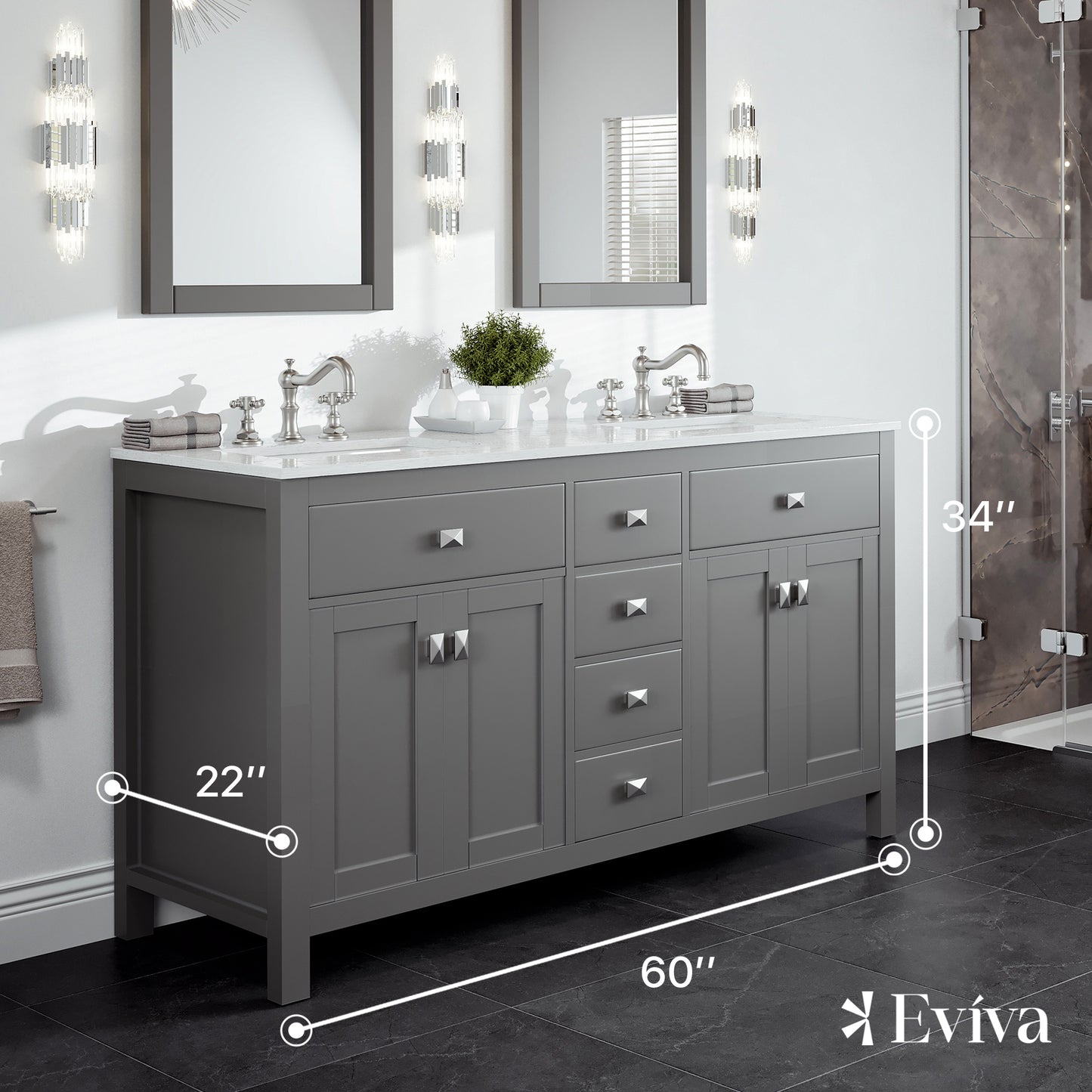 Totti Artemis 60" Gray Transitional Double Sink Bathroom Vanity w/ White Carrara Style Man-Made Stone Top