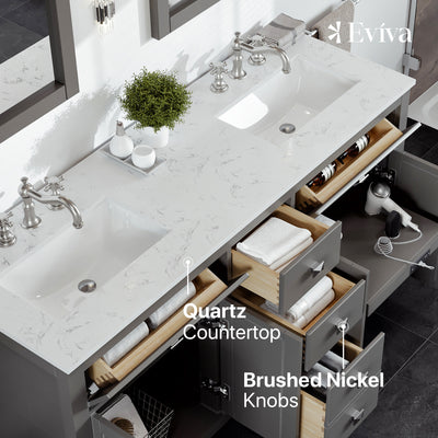 Artemis 60"W x 22"D Gray Double Sink Bathroom Vanity with White Carrara Quartz Countertop and Undermount Porcelain Sinks