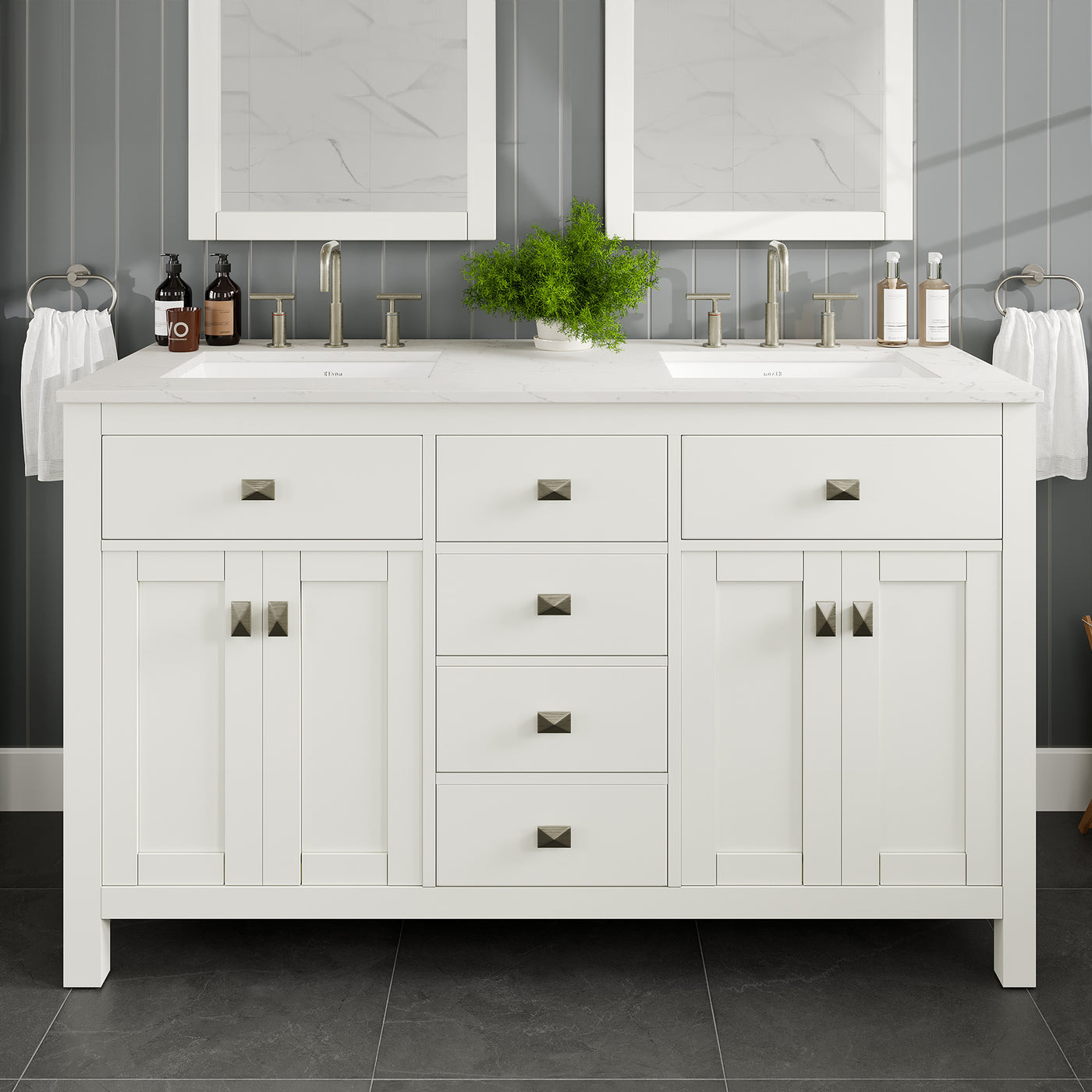 Artemis 60"W x 22"D White Double Sink Bathroom Vanity with White Carrara Quartz Countertop and Undermount Porcelain Sinks