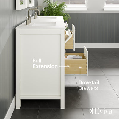 Artemis 60"W x 22"D White Double Sink Bathroom Vanity with White Carrara Quartz Countertop and Undermount Porcelain Sinks