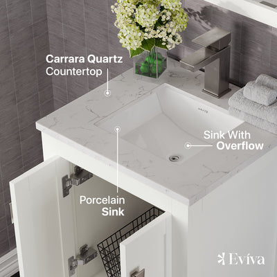 London 20"W x 18"D White Bathroom Vanity with White Carrara Quartz Countertop and Undermount Porcelain Sink