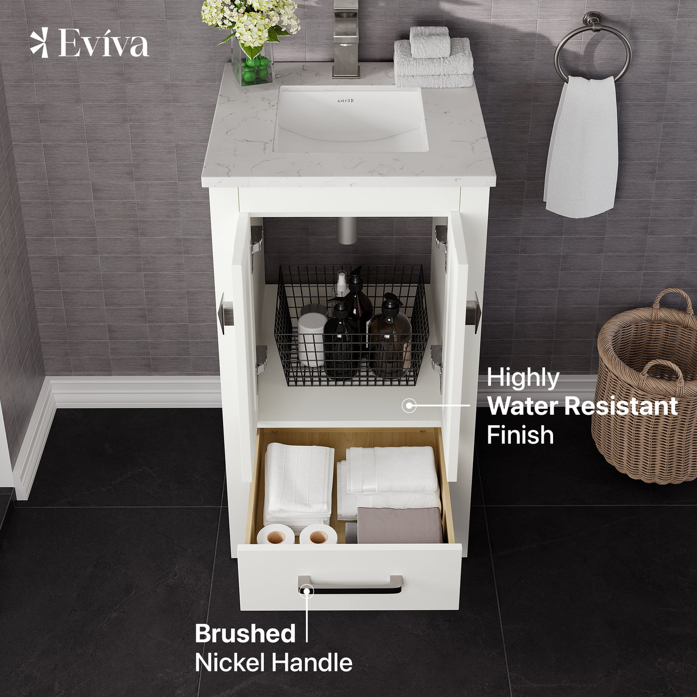 London 20"W x 18"D White Bathroom Vanity with White Carrara Quartz Countertop and Undermount Porcelain Sink