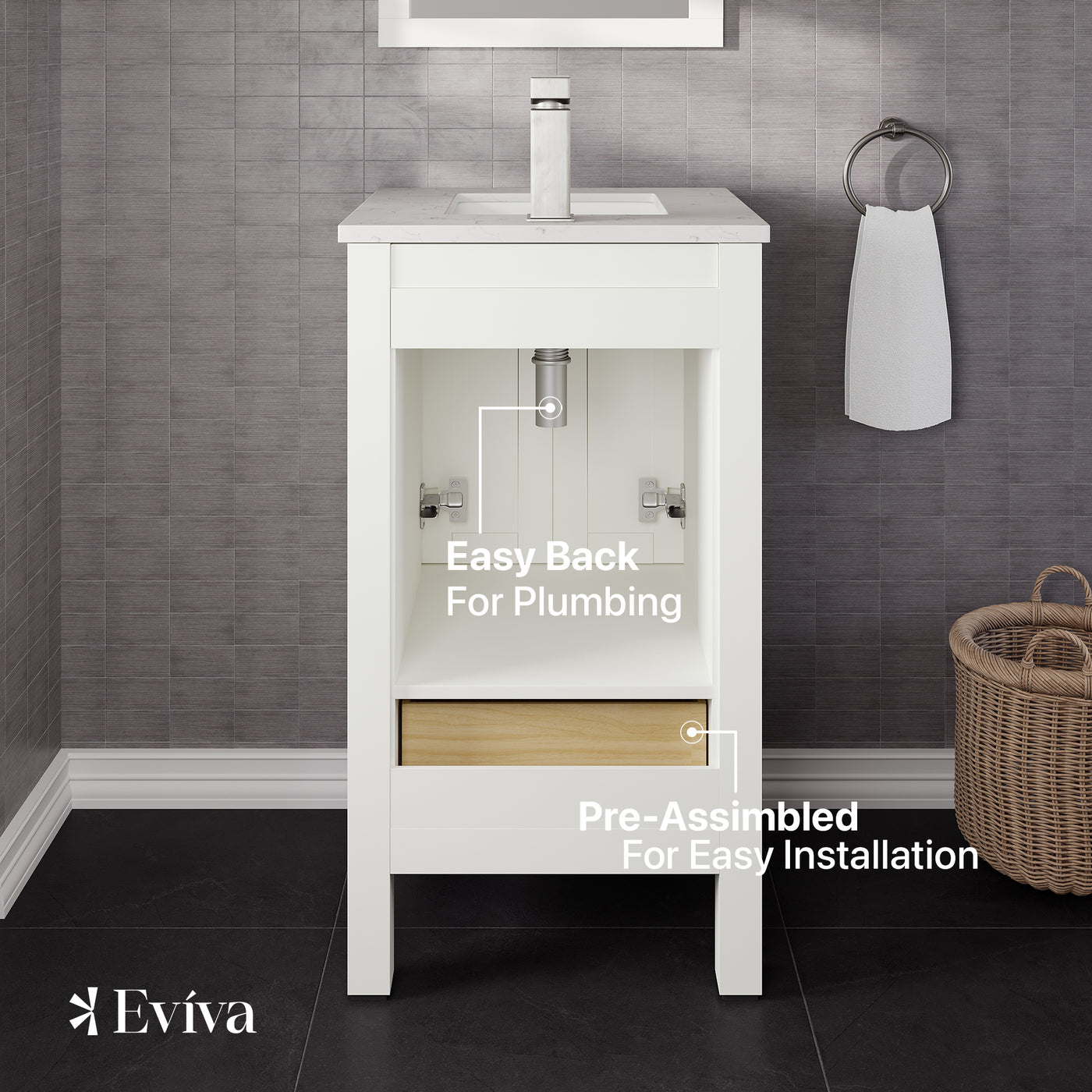 London 20"W x 18"D White Bathroom Vanity with White Carrara Quartz Countertop and Undermount Porcelain Sink