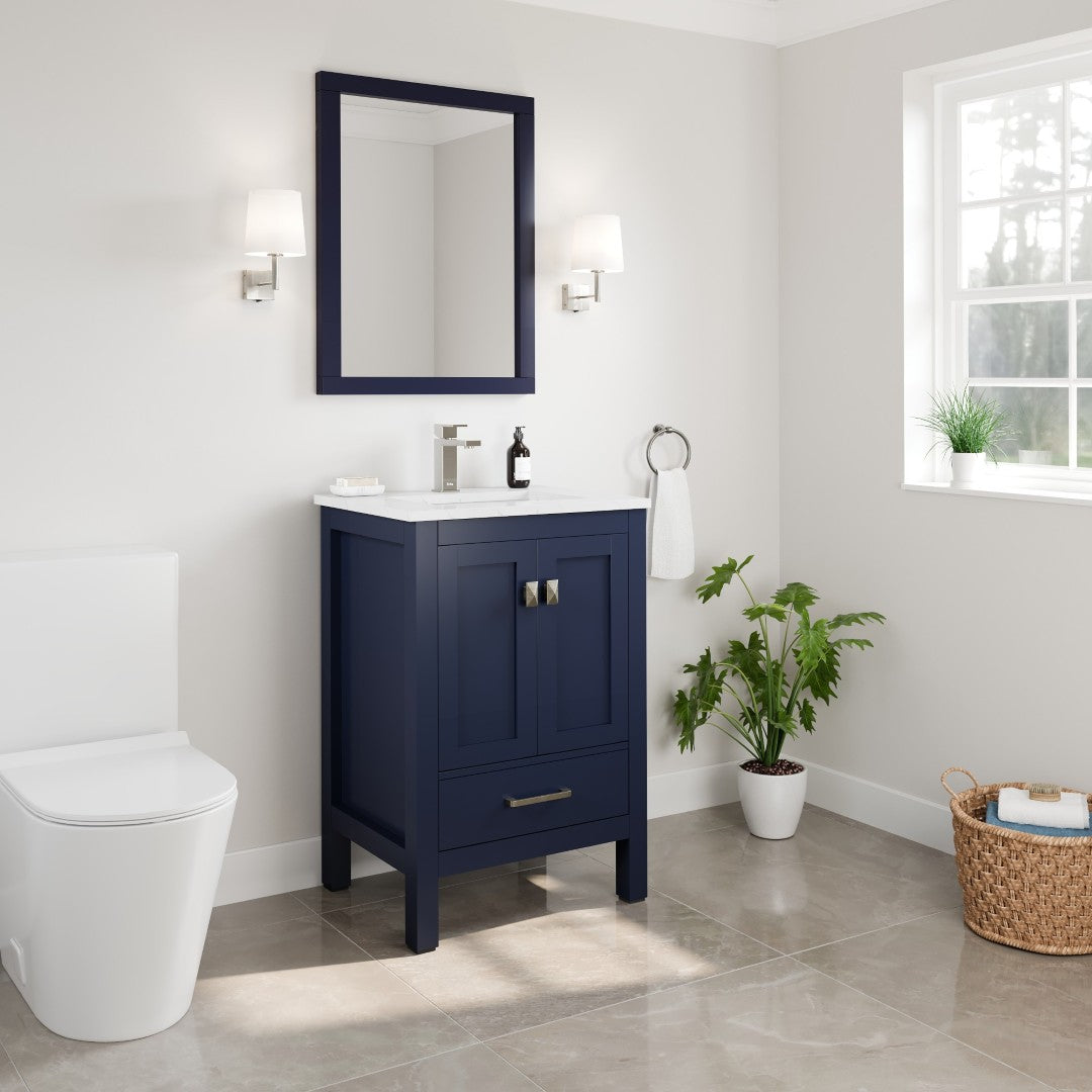 London 24 in. Blue Single Sink Bath Vanity with Carrara Quartz Top and Undermount Porcelain Sink
