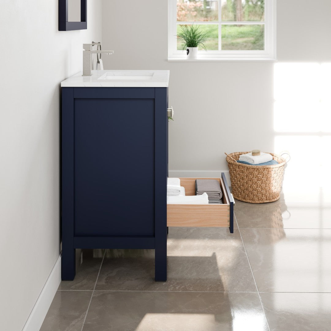 London 24 in. Blue Single Sink Bath Vanity with Carrara Quartz Top and Undermount Porcelain Sink