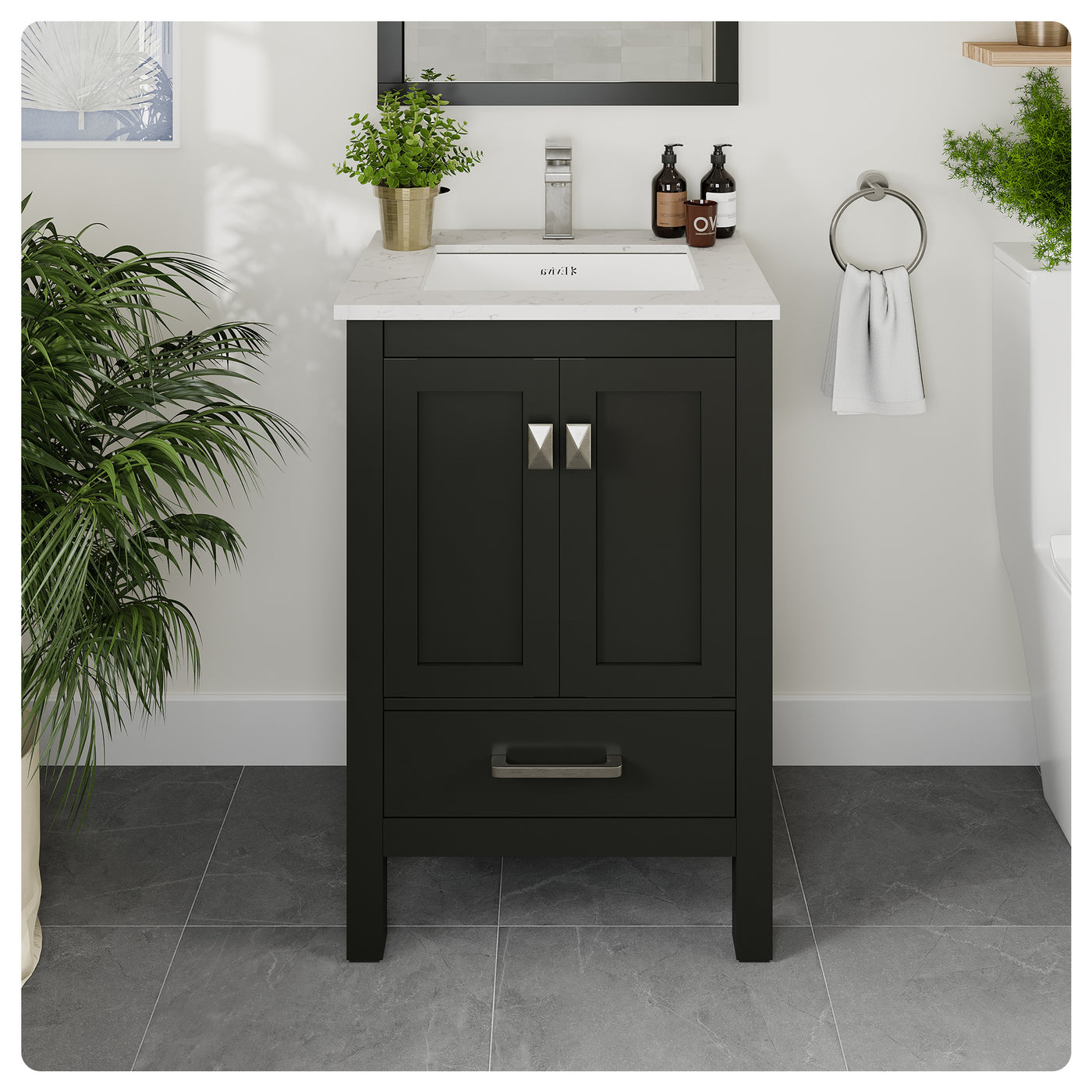 London 24"W x 18"D Espresso Bathroom Vanity with White Carrara Quartz Countertop and Undermount Porcelain Sink