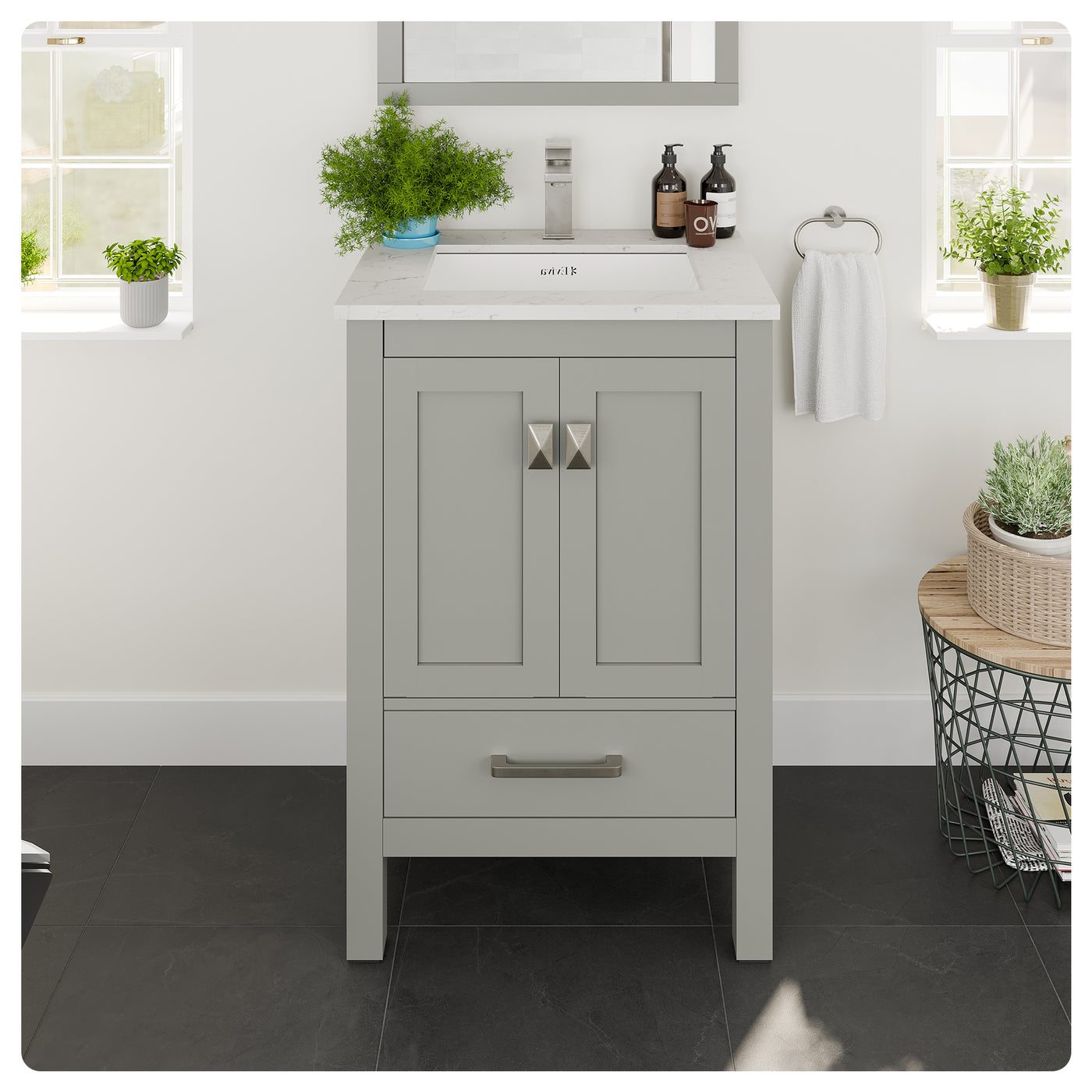 London 24"W x 18"D Gray Bathroom Vanity with White Carrara Quartz Countertop and Undermount Porcelain Sink