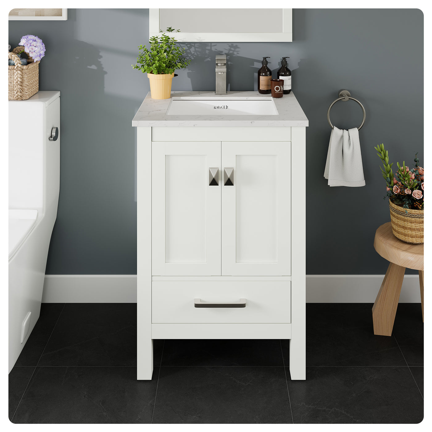 London 24"W x 18"D White Bathroom Vanity with White Carrara Quartz Countertop and Undermount Porcelain Sink