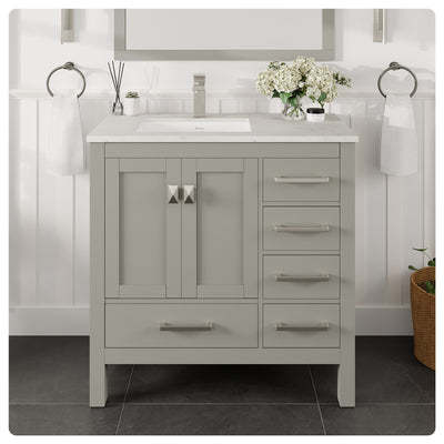 London 36"W x 18"D Gray Bathroom Vanity with White Carrara Quartz Countertop and Undermount Porcelain Sink