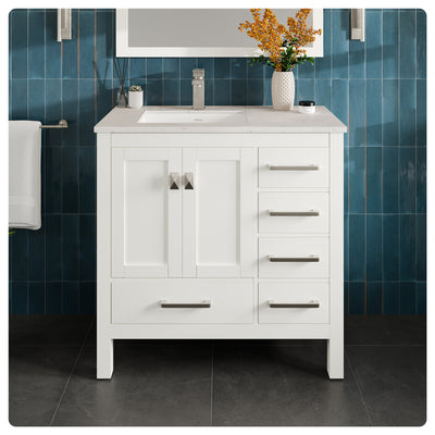 London 36"W x 18"D White Bathroom Vanity with White Carrara Quartz Countertop and Undermount Porcelain Sink