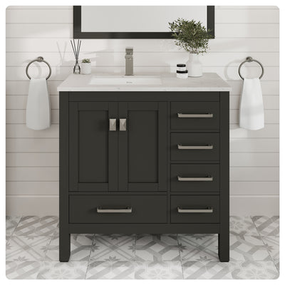 London 36"W x 18"D Espresso Bathroom Vanity with White Carrara Quartz Countertop and Undermount Porcelain Sink