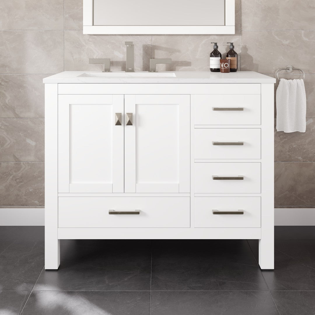 London 42 in. White Single Sink Bath Vanity with Carrara Quartz Top and Undermount Porcelain Sink