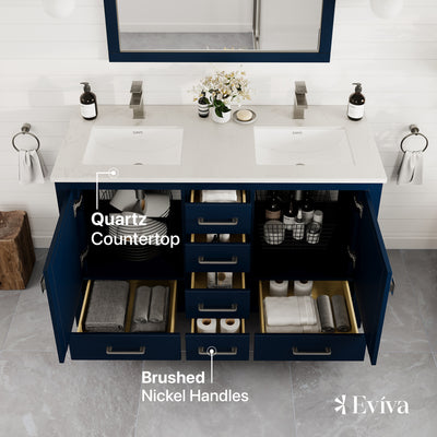London 48"W x 18"D Blue Double Sink Bathroom Vanity with White Carrara Quartz Countertop and Undermount Porcelain Sinks