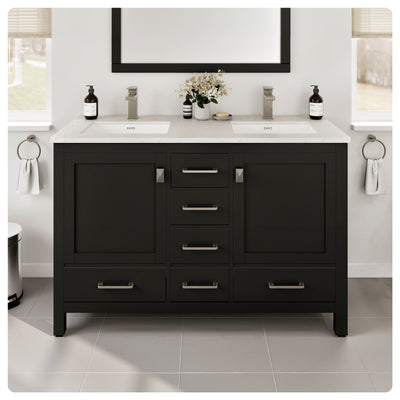 London 48"W x 18"D Espresso Double Sink Bathroom Vanity with White Carrara Quartz Countertop and Undermount Porcelain Sinks