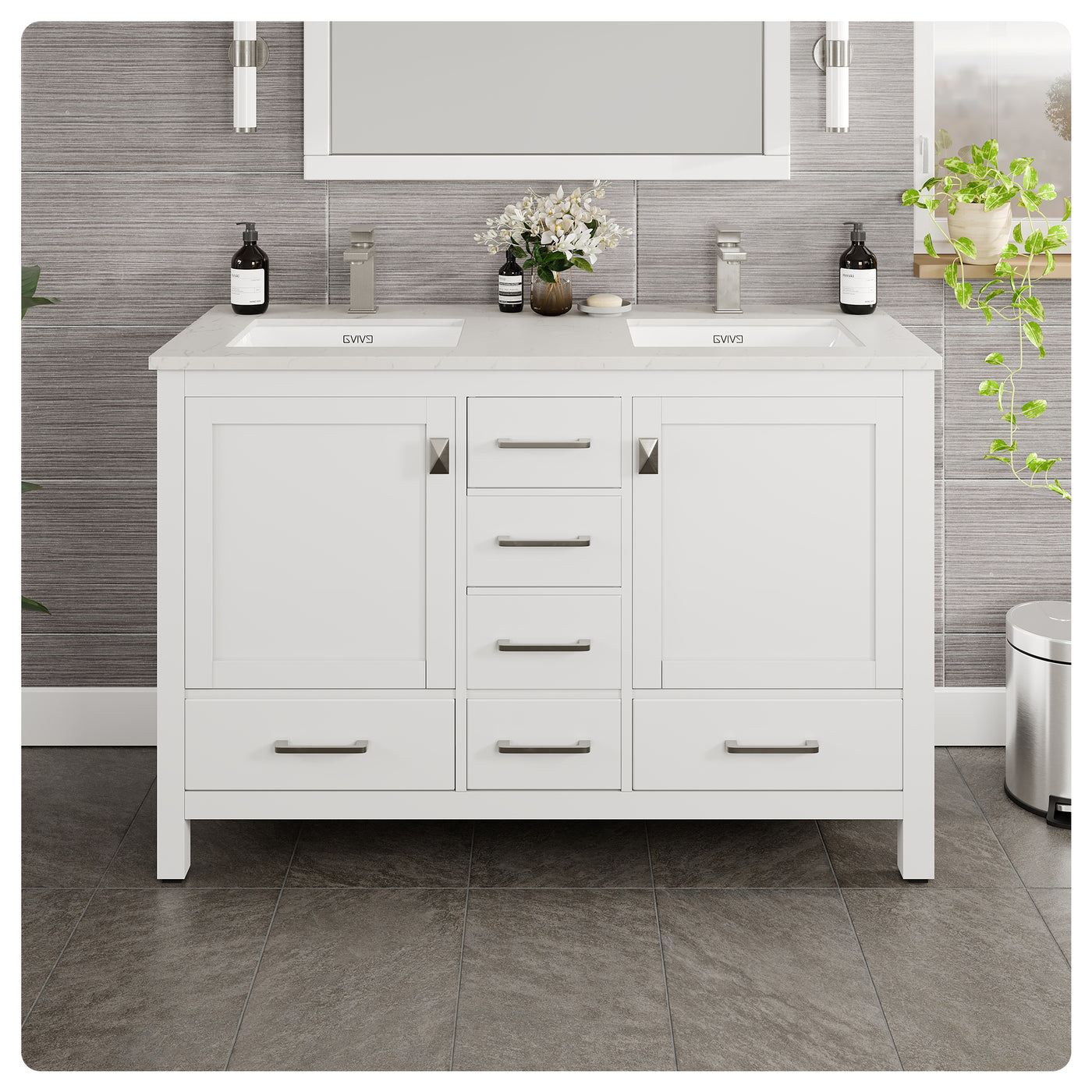 London 48"W x 18"D White Double Sink Bathroom Vanity with White Carrara Quartz Countertop and Undermount Porcelain Sinks