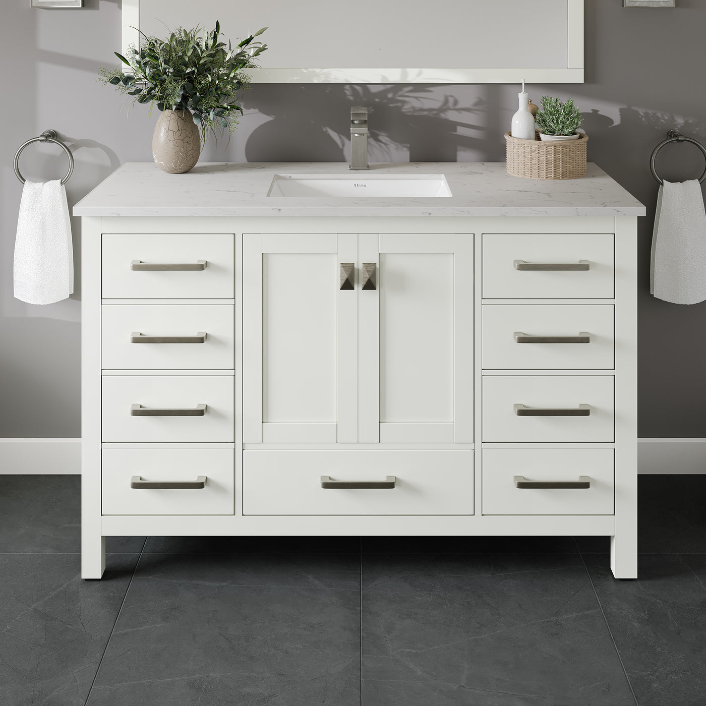 London 48"W x 18"D White Bathroom Vanity with White Carrara Quartz Countertop and Undermount Porcelain Sink