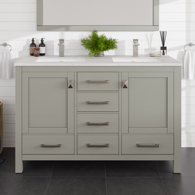 London 54"W x 18"D Gray Double Sink Bathroom Vanity with White Carrara Quartz Countertop and Undermount Porcelain Sinks