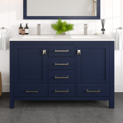 London 54"W x 18"D Blue Double Sink Bathroom Vanity with White Carrara Quartz Countertop and Undermount Porcelain Sinks