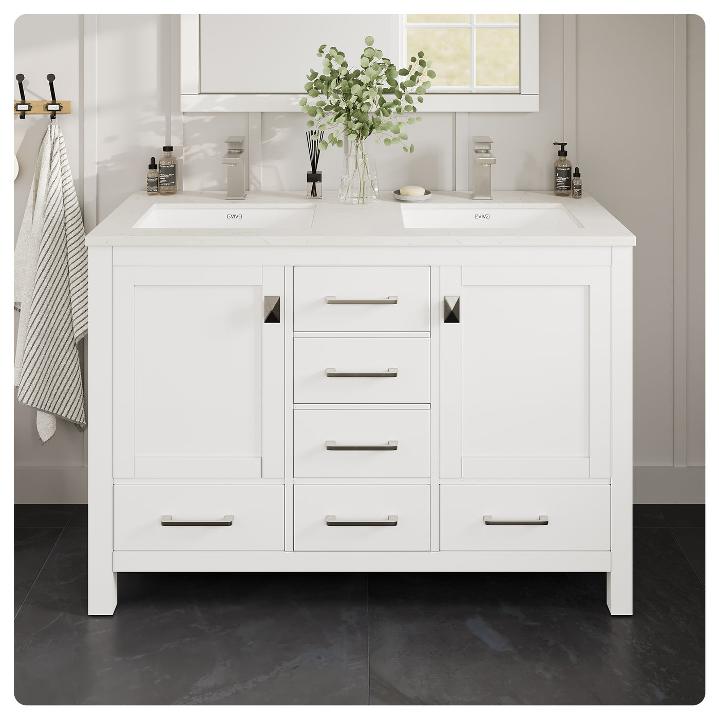 London 54"W x 18"D White Double Sink Bathroom Vanity with White Carrara Quartz Countertop and Undermount Porcelain Sinks