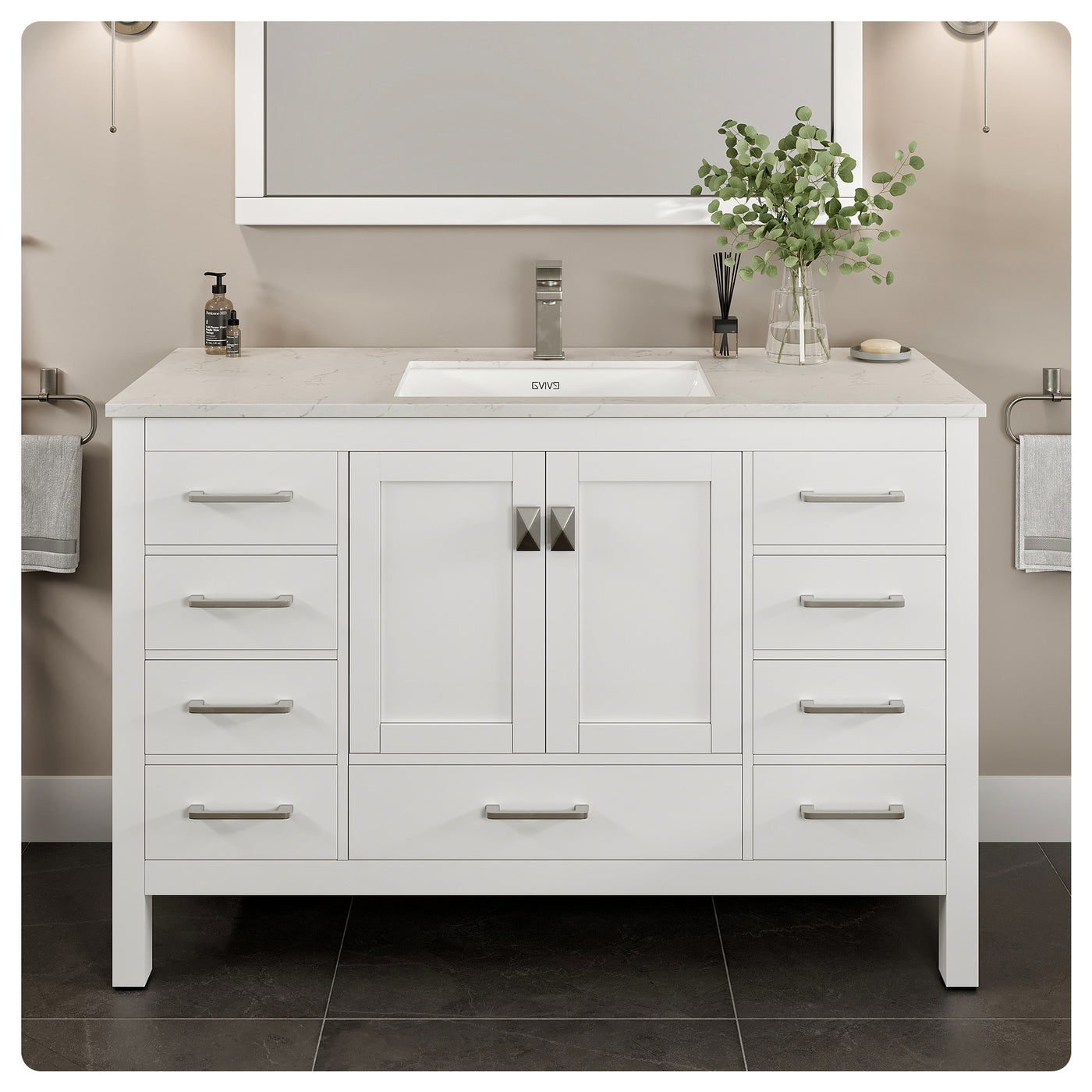 London 54"W x 18"D White Bathroom Vanity with White Carrara Quartz Countertop and Undermount Porcelain Sink