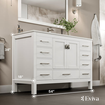 London 54"W x 18"D White Bathroom Vanity with White Carrara Quartz Countertop and Undermount Porcelain Sink