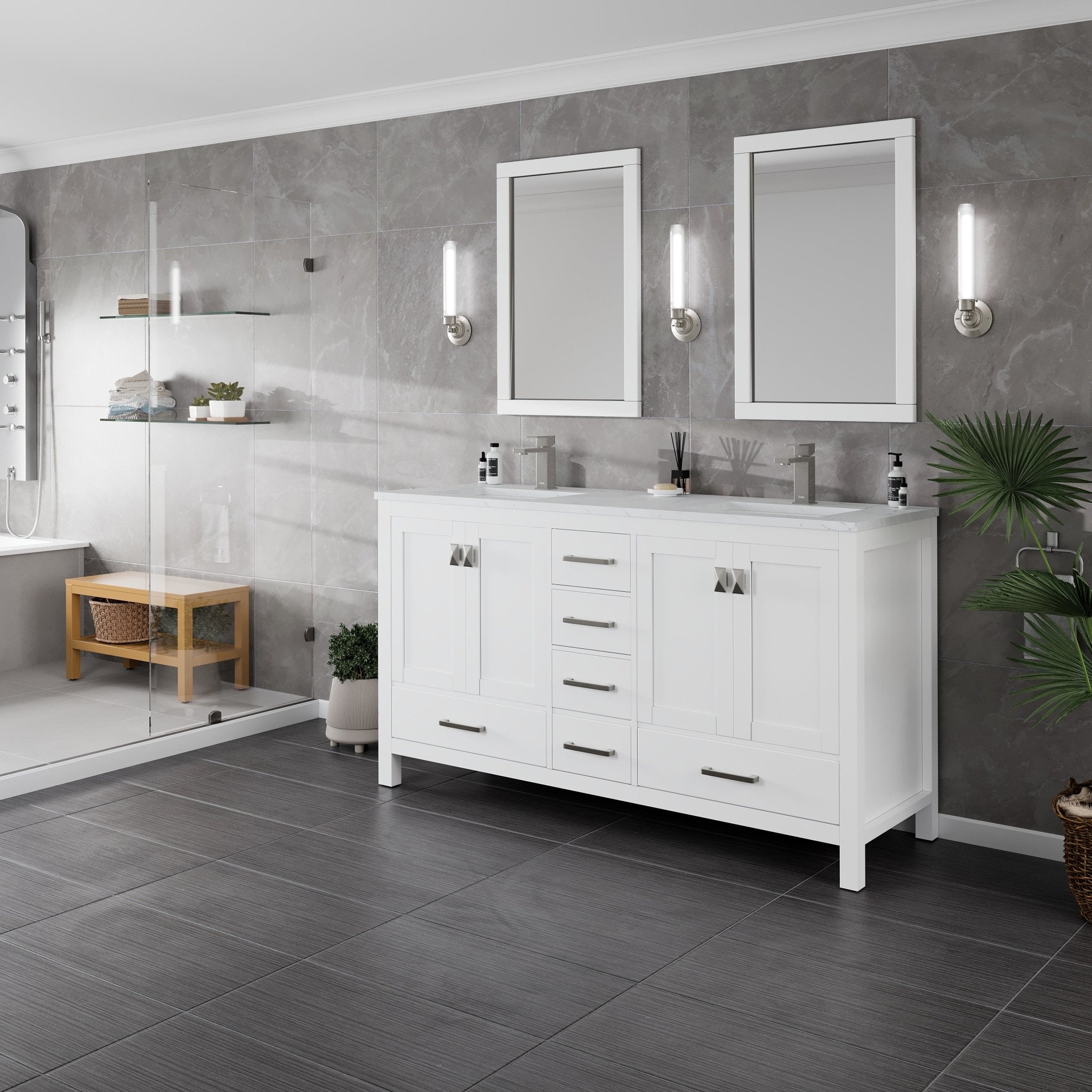 London 60 in. White Double Sink Bath Vanity with Carrara Quartz Top and Undermount Porcelain Sinks - Bathroom Vanity by Eviva