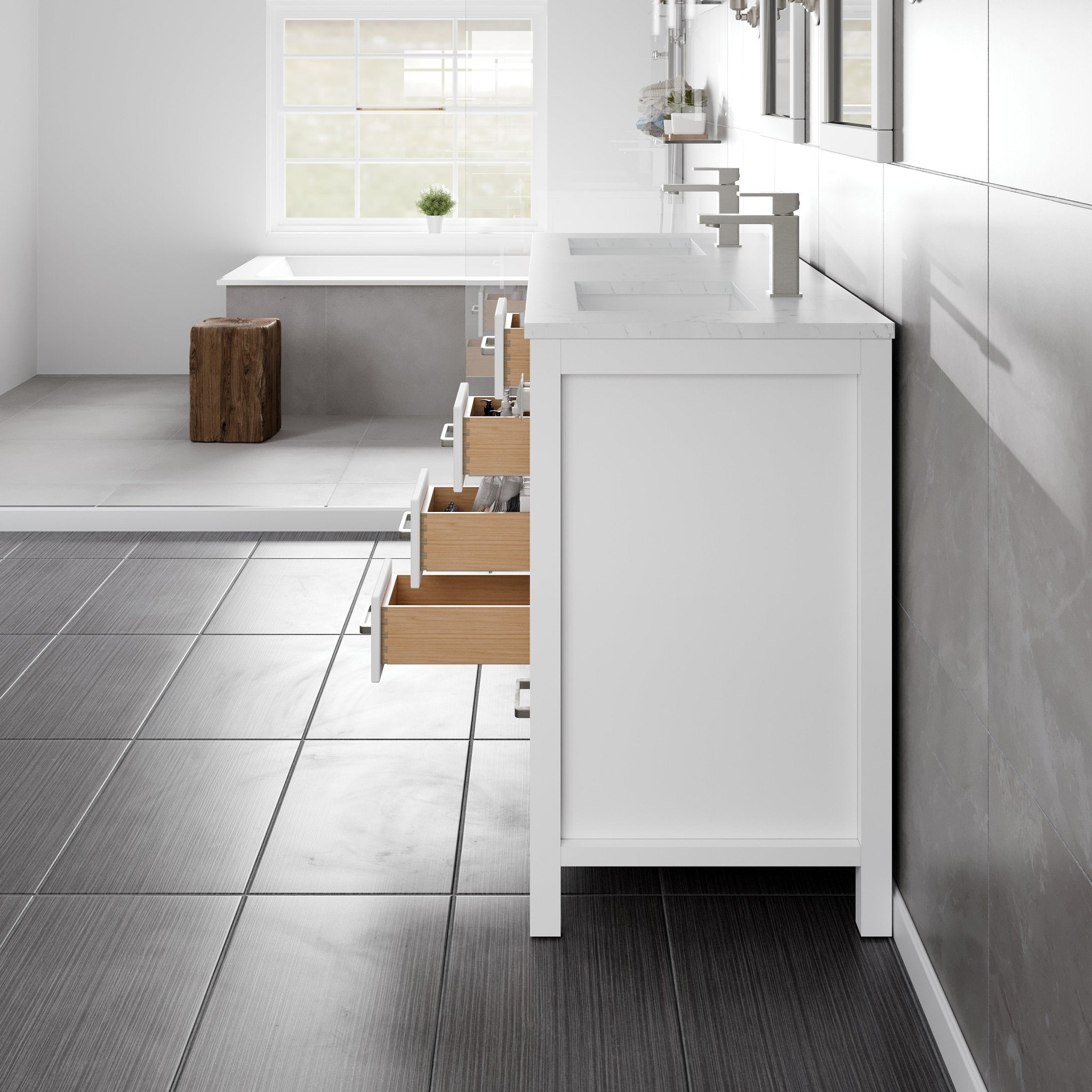 London 60 in. White Double Sink Bath Vanity with Carrara Quartz Top and Undermount Porcelain Sinks - Bathroom Vanity by Eviva