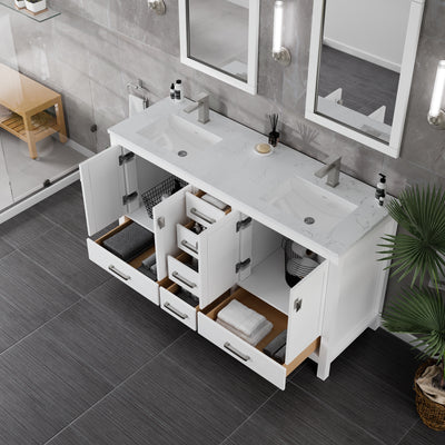 Eviva London 60"W x 18"D White Double Sink Bathroom Vanity with White Carrara Quartz Countertop and Undermount Porcelain Sinks