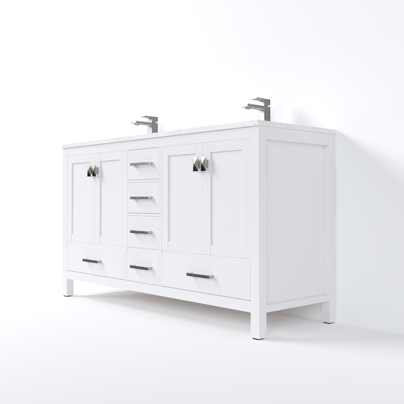 Eviva London 60"W x 18"D White Double Sink Bathroom Vanity with White Carrara Quartz Countertop and Undermount Porcelain Sinks