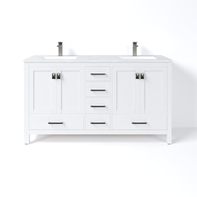 Eviva London 60"W x 18"D White Double Sink Bathroom Vanity with White Carrara Quartz Countertop and Undermount Porcelain Sinks