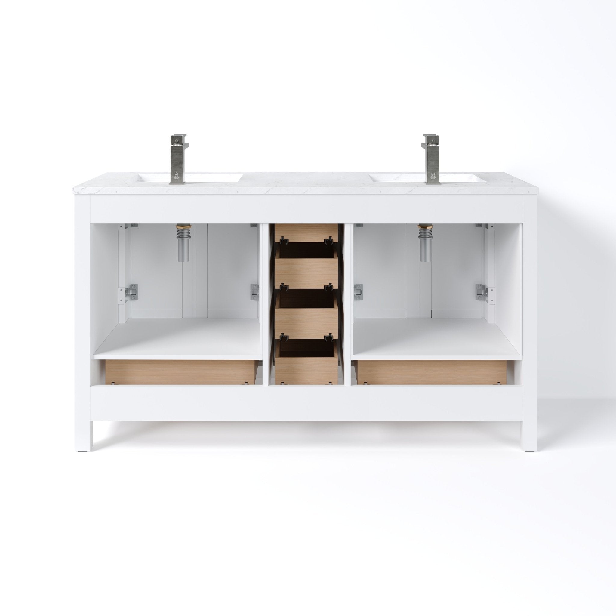 London 60 in. White Double Sink Bath Vanity with Carrara Quartz Top and Undermount Porcelain Sinks - Bathroom Vanity by Eviva
