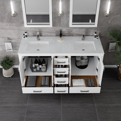 Eviva London 60"W x 18"D White Double Sink Bathroom Vanity with White Carrara Quartz Countertop and Undermount Porcelain Sinks