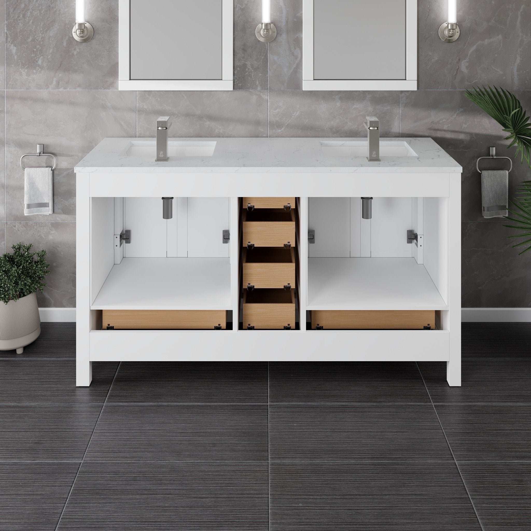 London 60 in. White Double Sink Bath Vanity with Carrara Quartz Top and Undermount Porcelain Sinks - Bathroom Vanity by Eviva
