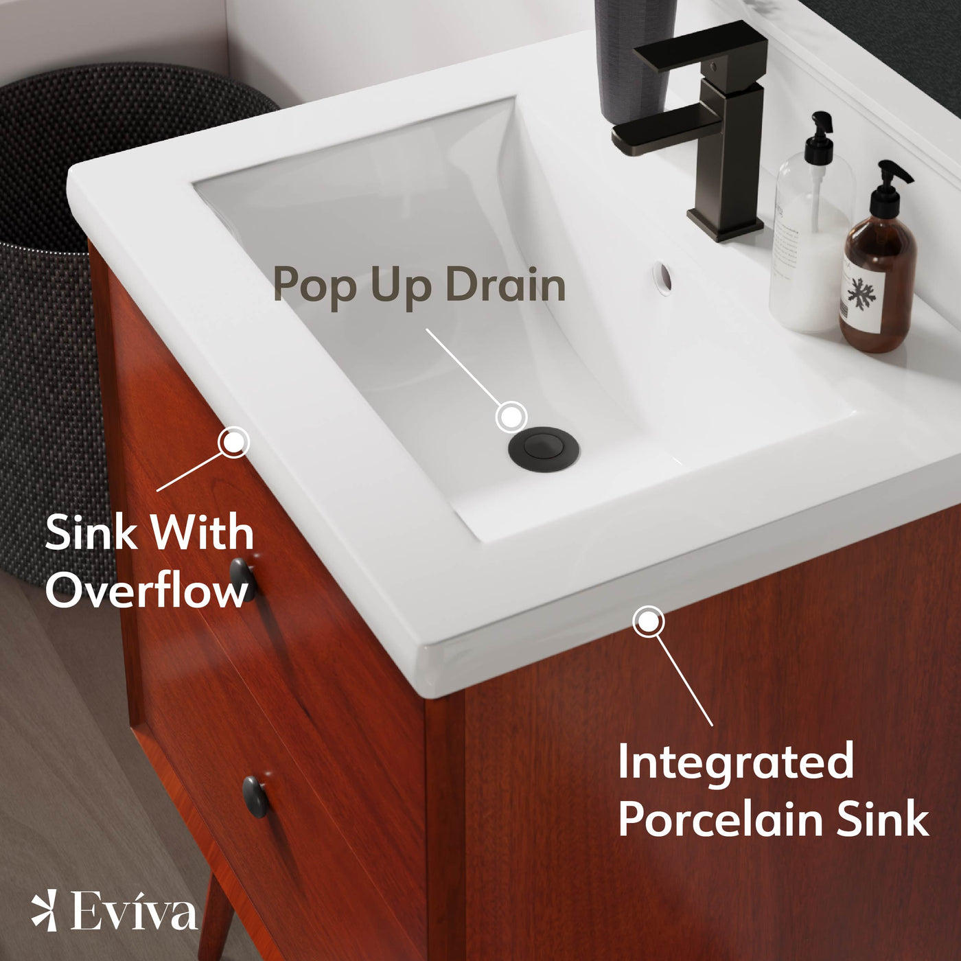 Caramel 24"W x 18"D Teak Bathroom Vanity with White Porcelain Countertop and Integrated Sink