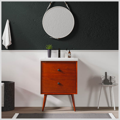 Caramel 24"W x 18"D Teak Bathroom Vanity with White Porcelain Countertop and Integrated Sink